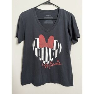 Disney Store T Shirt Women Sz L Black White Minnie Mouse Heart Stripe Signature